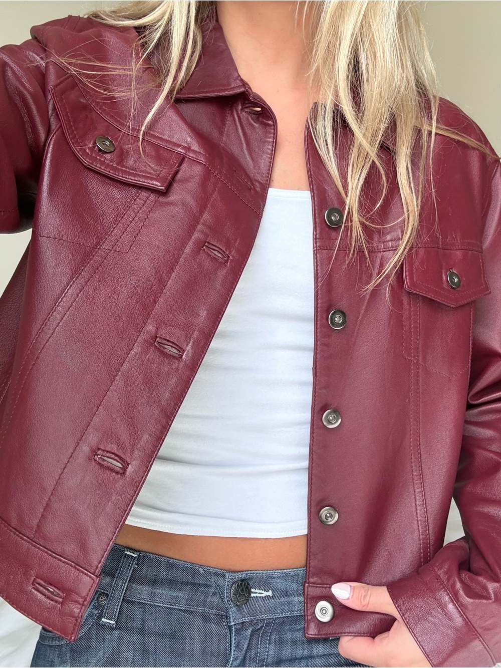vintage Burgundy genuine Leather Jacket  Button-Front